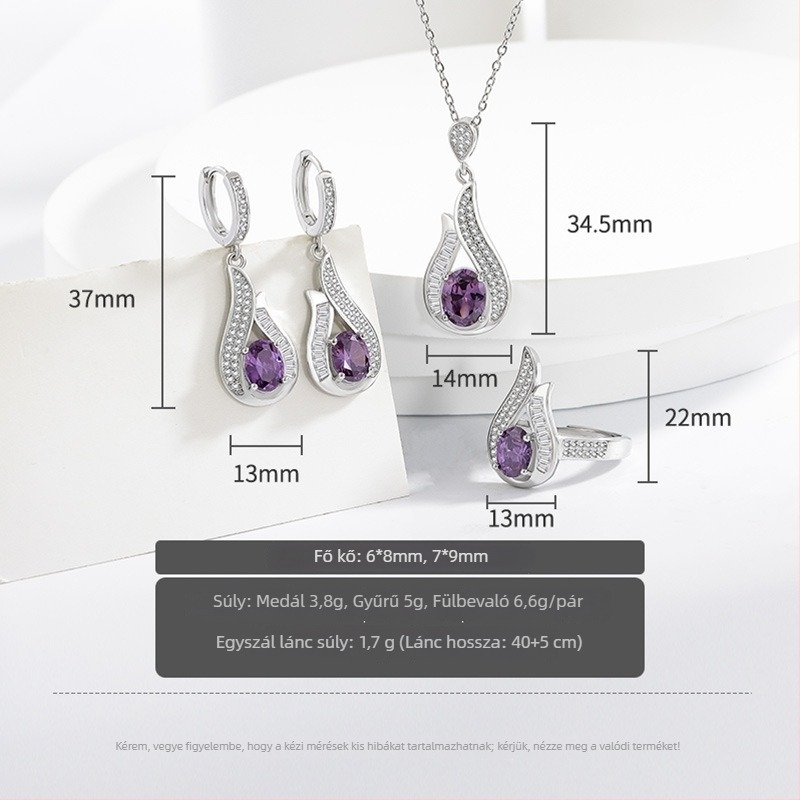 Réz anyagú ékszerszett: nyaklánc, fülbevaló és gyűrű; O-alakú lánc; vegyes kövek beállítása; növényi motívum