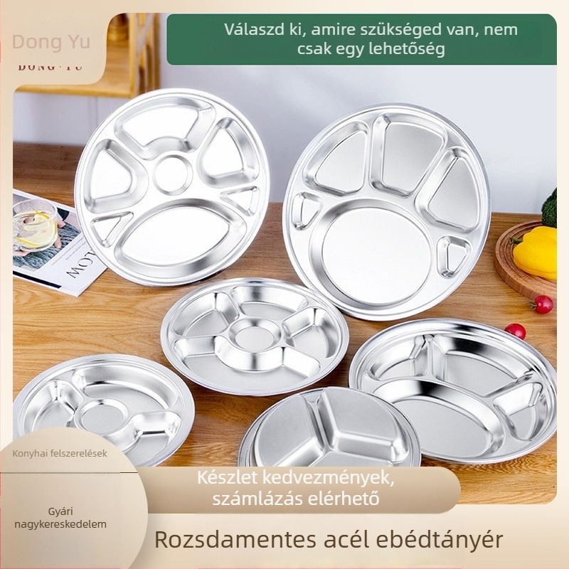 Vastagított kerek rozsdamentes acél háromrekeszes tál gyerekeknek és diákoknak, integrált kialakítással, mikrohullámú sütő-kompatibilis