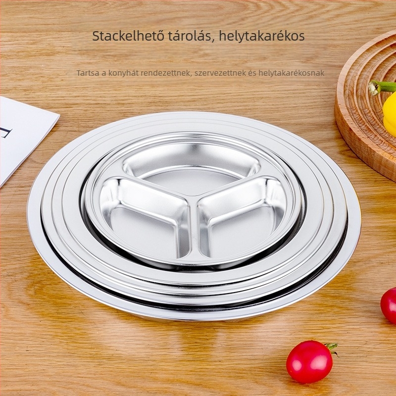 Vastagított kerek rozsdamentes acél háromrekeszes tál gyerekeknek és diákoknak, integrált kialakítással, mikrohullámú sütő-kompatibilis