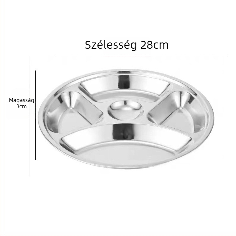 Vastagított kerek rozsdamentes acél háromrekeszes tál gyerekeknek és diákoknak, integrált kialakítással, mikrohullámú sütő-kompatibilis
