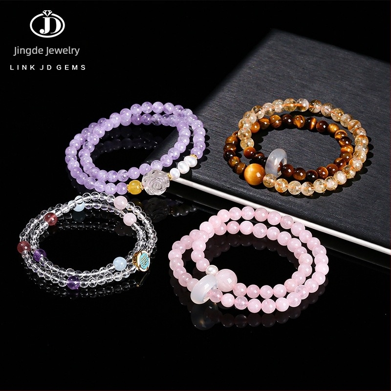 Jingde Jewelry Női természetes kőből készült karkötő, rózsakvarc és tigrisszem gyöngyökkel