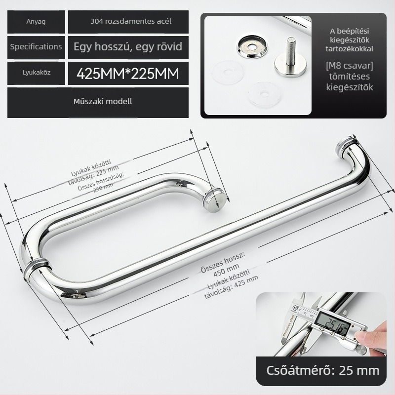 Fürdőszobai üvegajtó fogantyú – 304 rozsdamentes acél, precíz polírozás, alkalmas tolóajtóhoz, modell 200