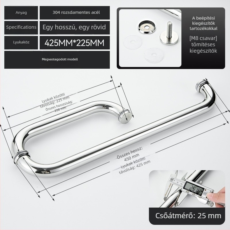 Fürdőszobai üvegajtó fogantyú – 304 rozsdamentes acél, precíz polírozás, alkalmas tolóajtóhoz, modell 200