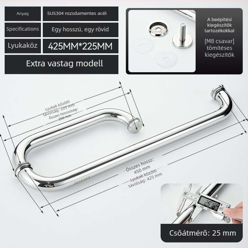 Fürdőszobai üvegajtó fogantyú – 304 rozsdamentes acél, precíz polírozás, alkalmas tolóajtóhoz, modell 200