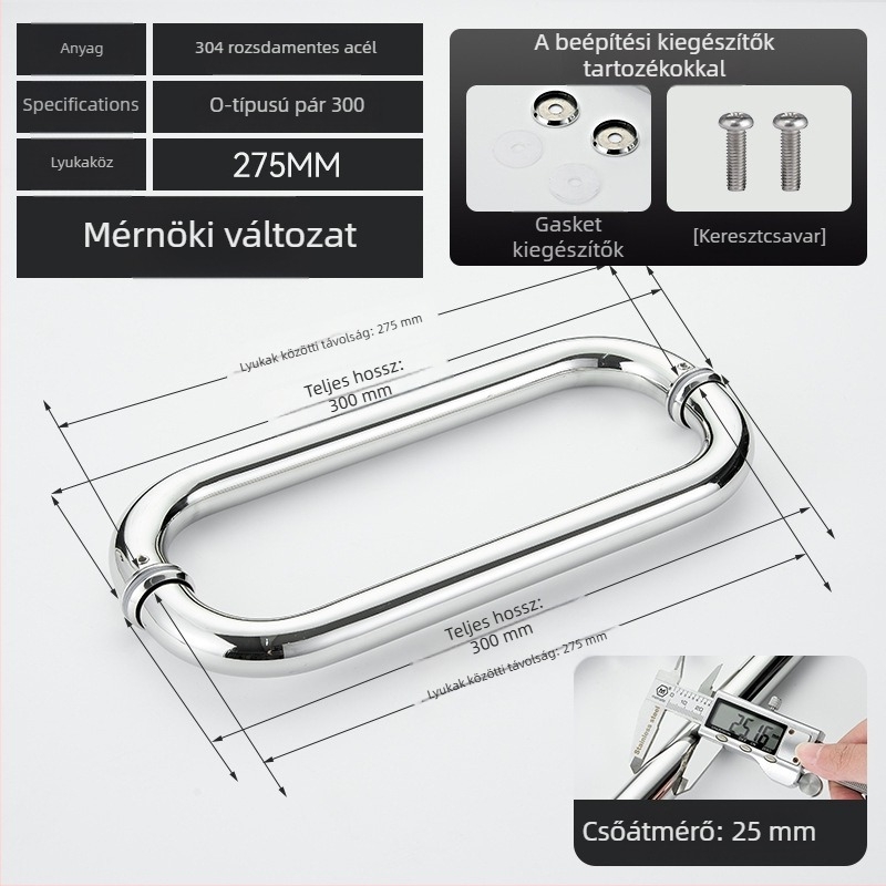 Fürdőszobai üvegajtó fogantyú – 304 rozsdamentes acél, precíz polírozás, alkalmas tolóajtóhoz, modell 200