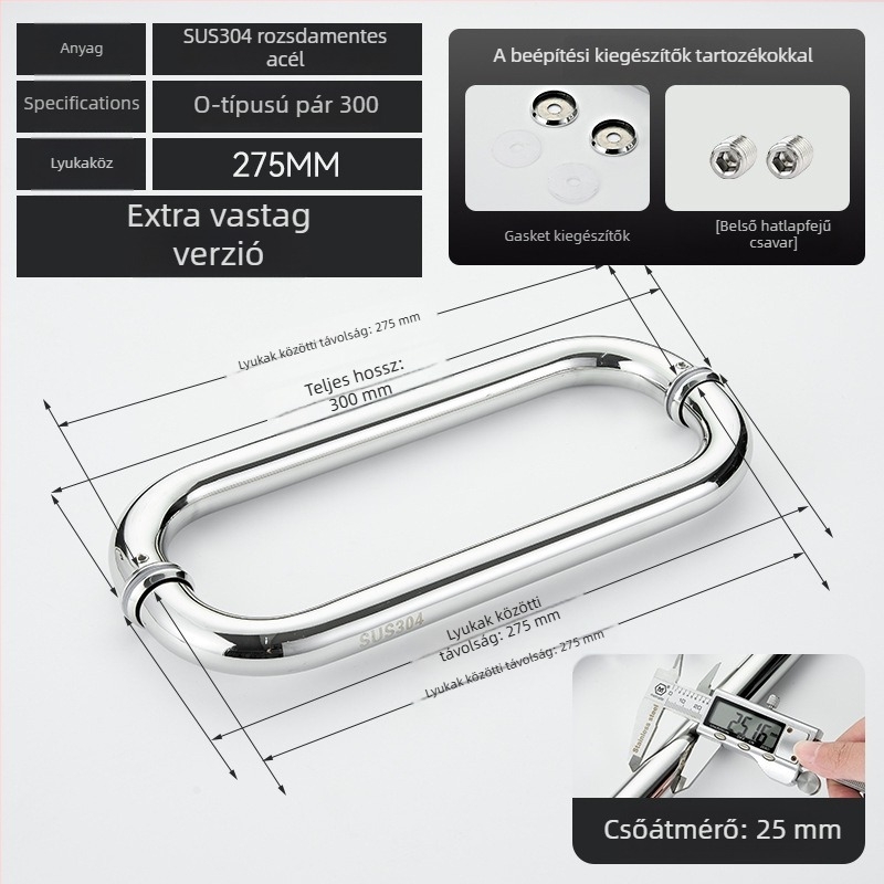 Fürdőszobai üvegajtó fogantyú – 304 rozsdamentes acél, precíz polírozás, alkalmas tolóajtóhoz, modell 200