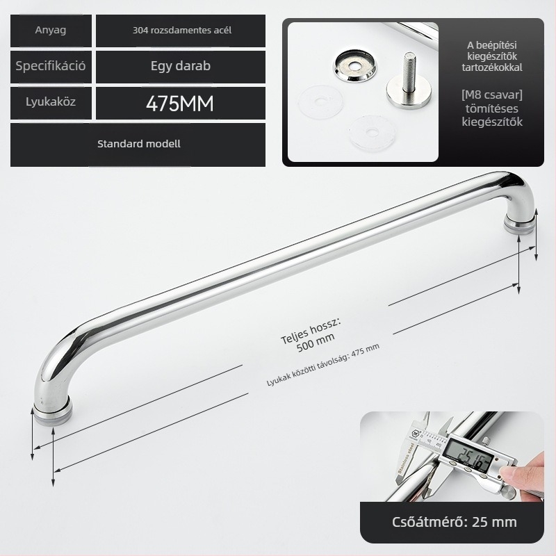 Fürdőszobai üvegajtó fogantyú – 304 rozsdamentes acél, precíz polírozás, alkalmas tolóajtóhoz, modell 200