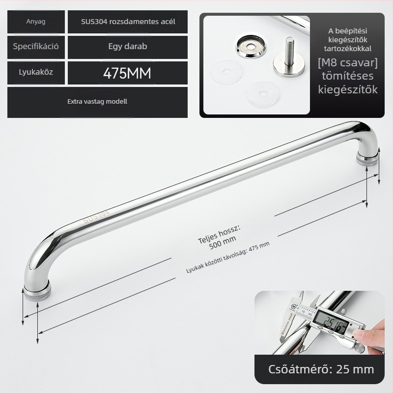 Fürdőszobai üvegajtó fogantyú – 304 rozsdamentes acél, precíz polírozás, alkalmas tolóajtóhoz, modell 200