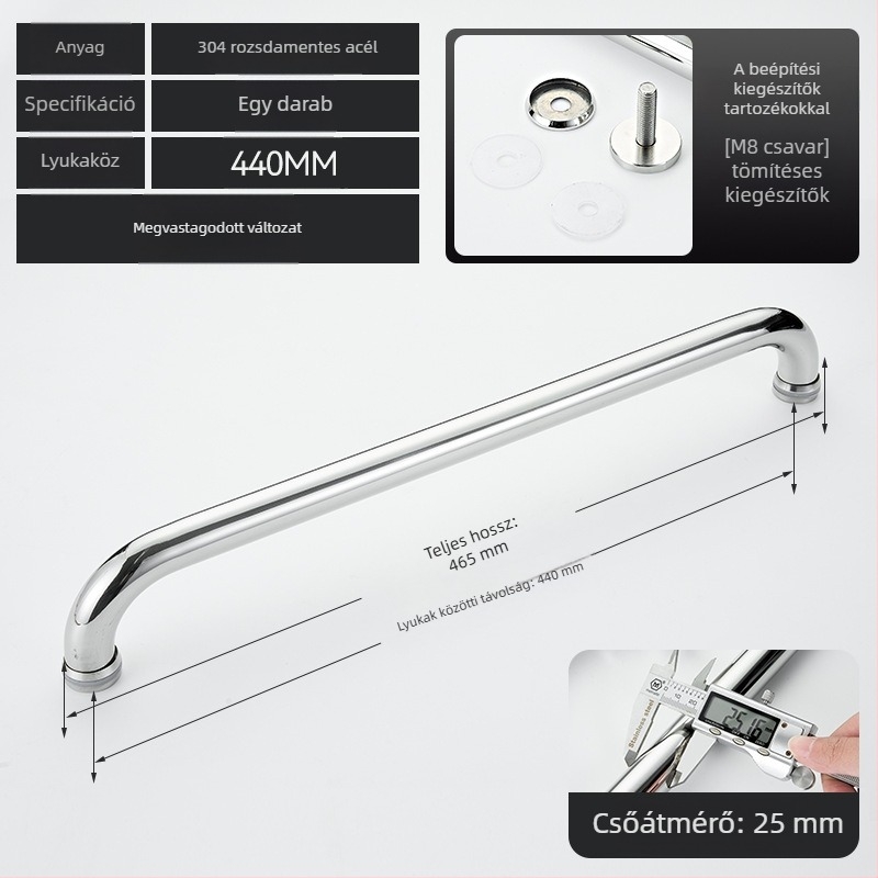 Fürdőszobai üvegajtó fogantyú – 304 rozsdamentes acél, precíz polírozás, alkalmas tolóajtóhoz, modell 200