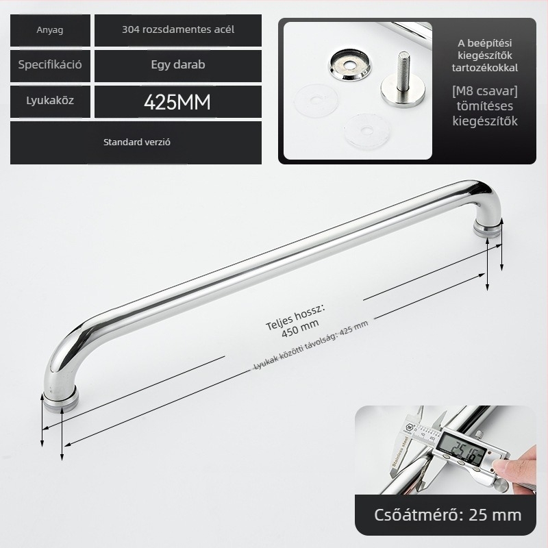 Fürdőszobai üvegajtó fogantyú – 304 rozsdamentes acél, precíz polírozás, alkalmas tolóajtóhoz, modell 200