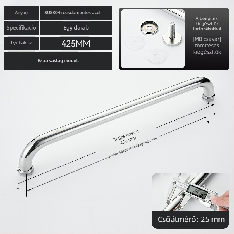 Fürdőszobai üvegajtó fogantyú – 304 rozsdamentes acél, precíz polírozás, alkalmas tolóajtóhoz, modell 200