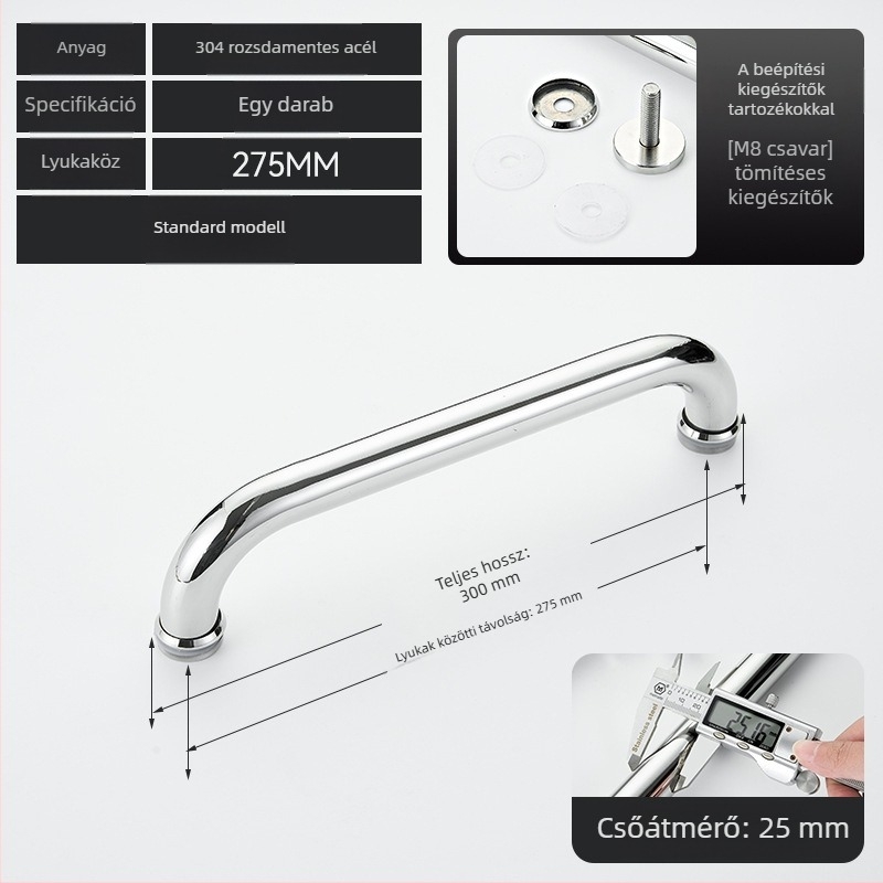 Fürdőszobai üvegajtó fogantyú – 304 rozsdamentes acél, precíz polírozás, alkalmas tolóajtóhoz, modell 200