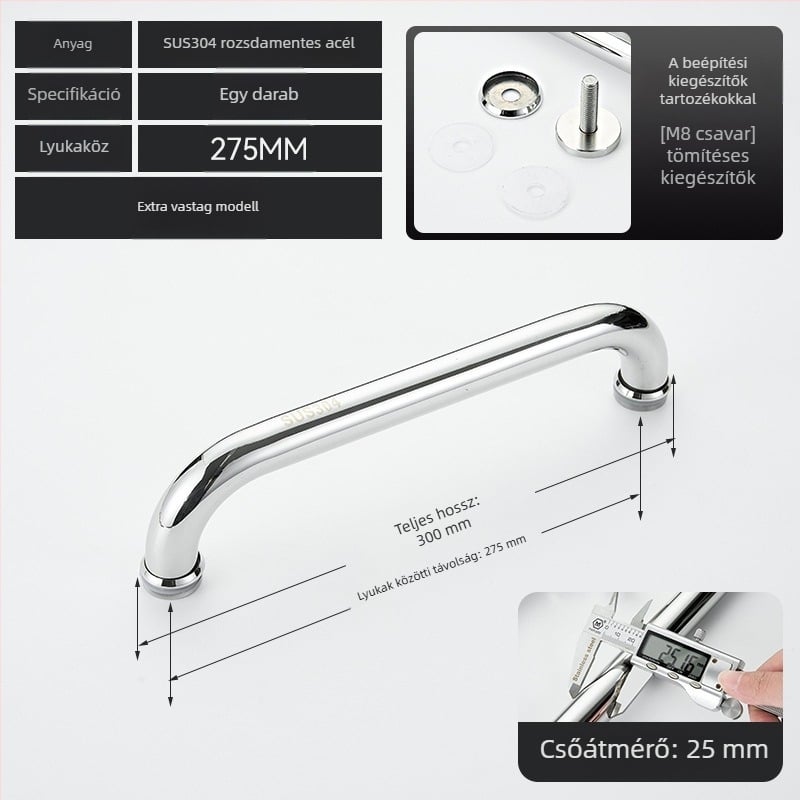 Fürdőszobai üvegajtó fogantyú – 304 rozsdamentes acél, precíz polírozás, alkalmas tolóajtóhoz, modell 200