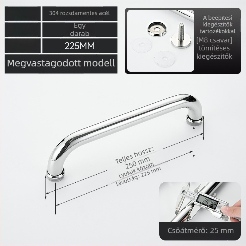 Fürdőszobai üvegajtó fogantyú – 304 rozsdamentes acél, precíz polírozás, alkalmas tolóajtóhoz, modell 200