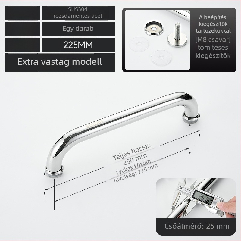 Fürdőszobai üvegajtó fogantyú – 304 rozsdamentes acél, precíz polírozás, alkalmas tolóajtóhoz, modell 200