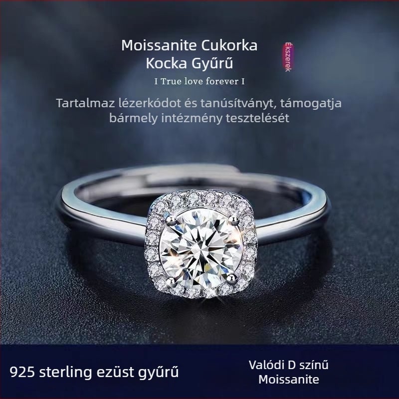 925-ös ezüst Moissanite gyűrű, geometriai négyzet alakú, állítható nyitás, könnyed luxus stílus
