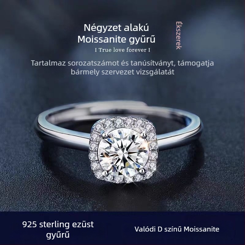 925-ös ezüst Moissanite gyűrű, geometriai négyzet alakú, állítható nyitás, könnyed luxus stílus