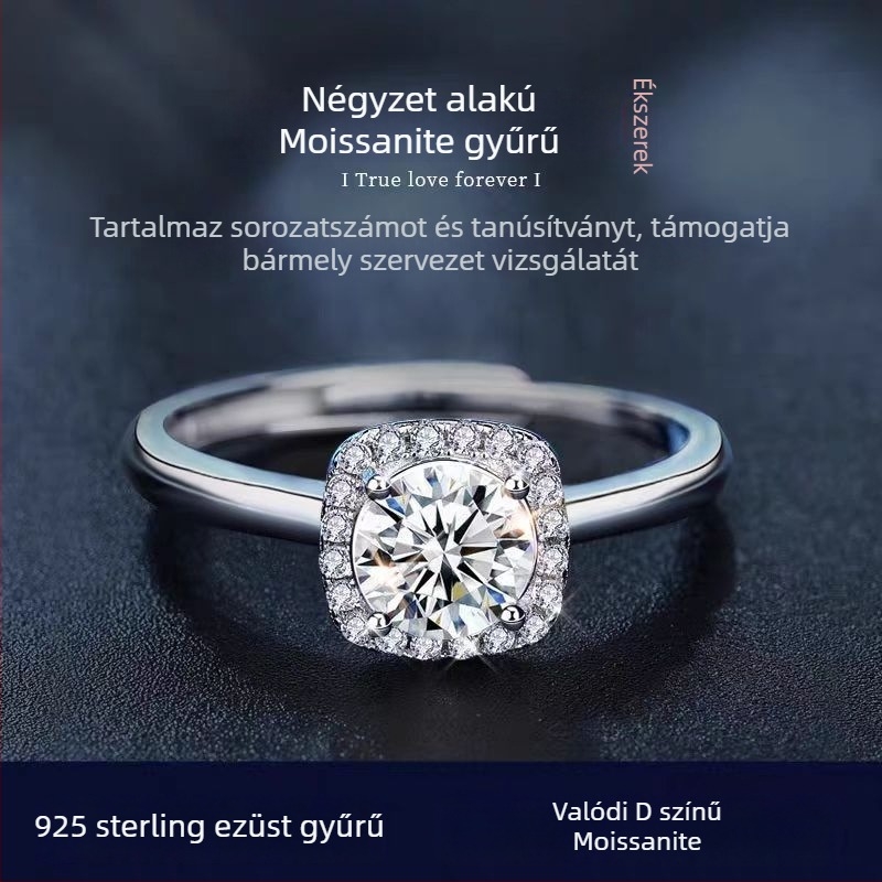 925-ös ezüst Moissanite gyűrű, geometriai négyzet alakú, állítható nyitás, könnyed luxus stílus