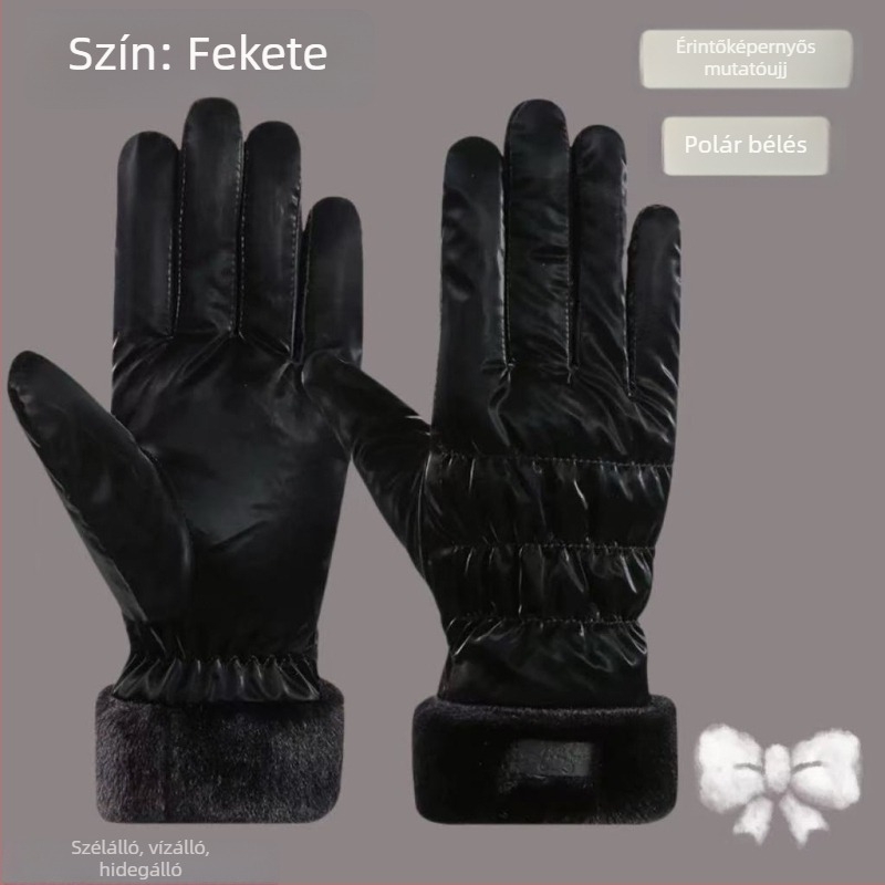 Női téli kesztyű érintőképernyő-kompatibilis, fleece béléssel, vastag, szélvédett és vízálló, aranyos koreai stílusú síkesztyű