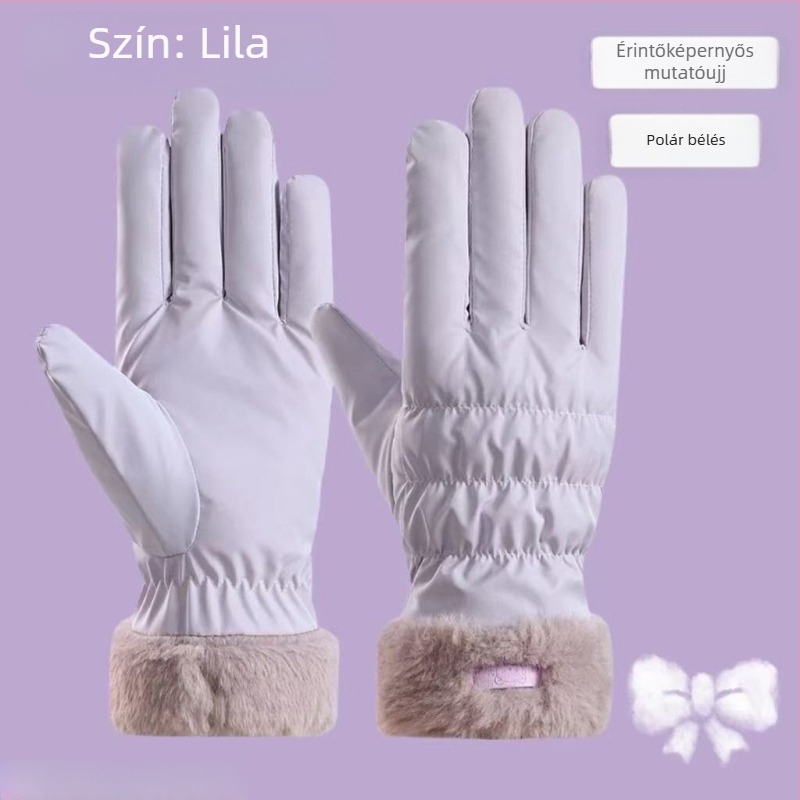 Női téli kesztyű érintőképernyő-kompatibilis, fleece béléssel, vastag, szélvédett és vízálló, aranyos koreai stílusú síkesztyű