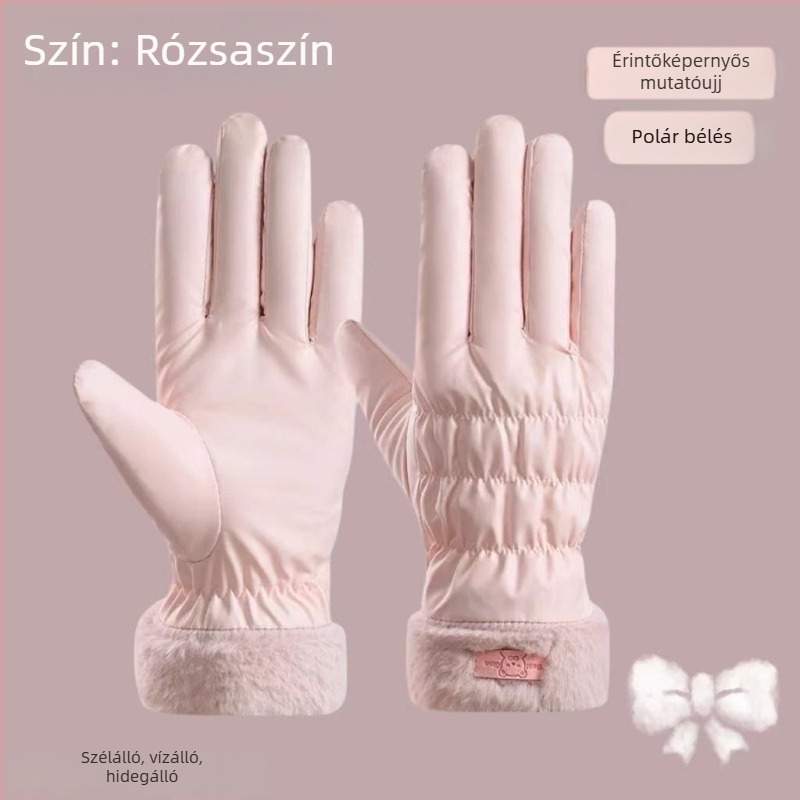 Női téli kesztyű érintőképernyő-kompatibilis, fleece béléssel, vastag, szélvédett és vízálló, aranyos koreai stílusú síkesztyű