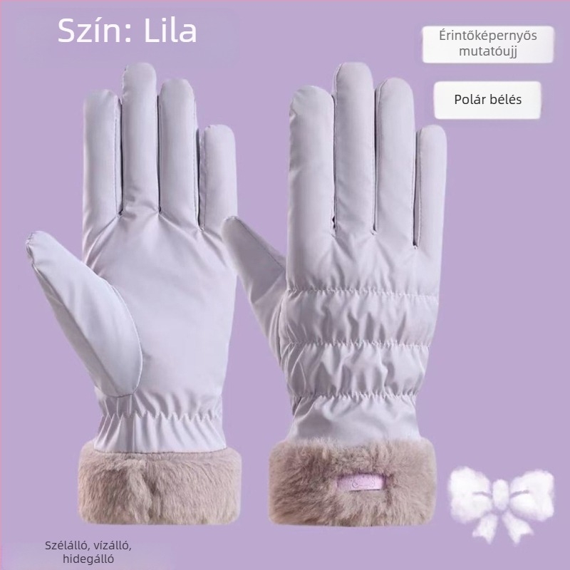 Női téli kesztyű érintőképernyő-kompatibilis, fleece béléssel, vastag, szélvédett és vízálló, aranyos koreai stílusú síkesztyű