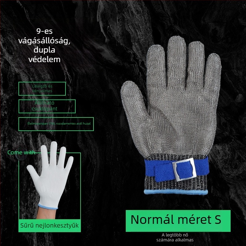 Szúrás- és vágásálló kesztyű, 9. fokozatú vágásállóság, ötujjas rozsdamentes acélból, késálló