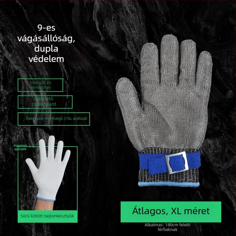 Szúrás- és vágásálló kesztyű, 9. fokozatú vágásállóság, ötujjas rozsdamentes acélból, késálló
