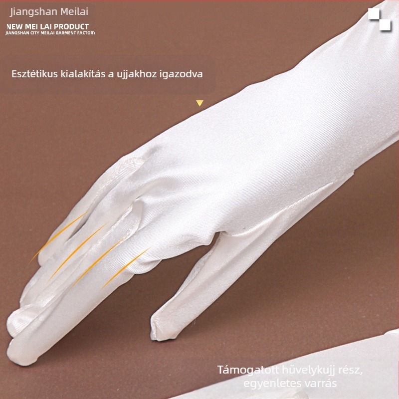 Esküvői szatén kesztyűk, középhosszú, hátul rugalmas, ujjas stílus, Jiangshan Meilai márka