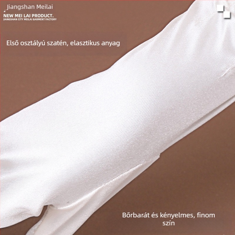 Esküvői szatén kesztyűk, középhosszú, hátul rugalmas, ujjas stílus, Jiangshan Meilai márka