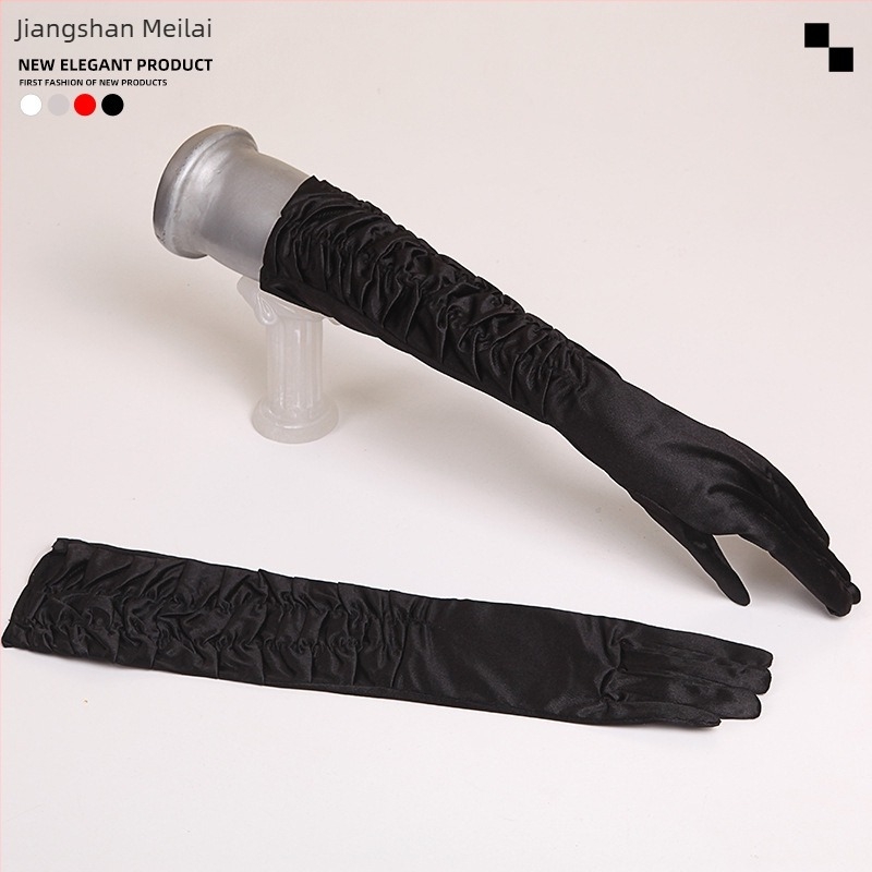 Esküvői szatén kesztyűk, középhosszú, hátul rugalmas, ujjas stílus, Jiangshan Meilai márka