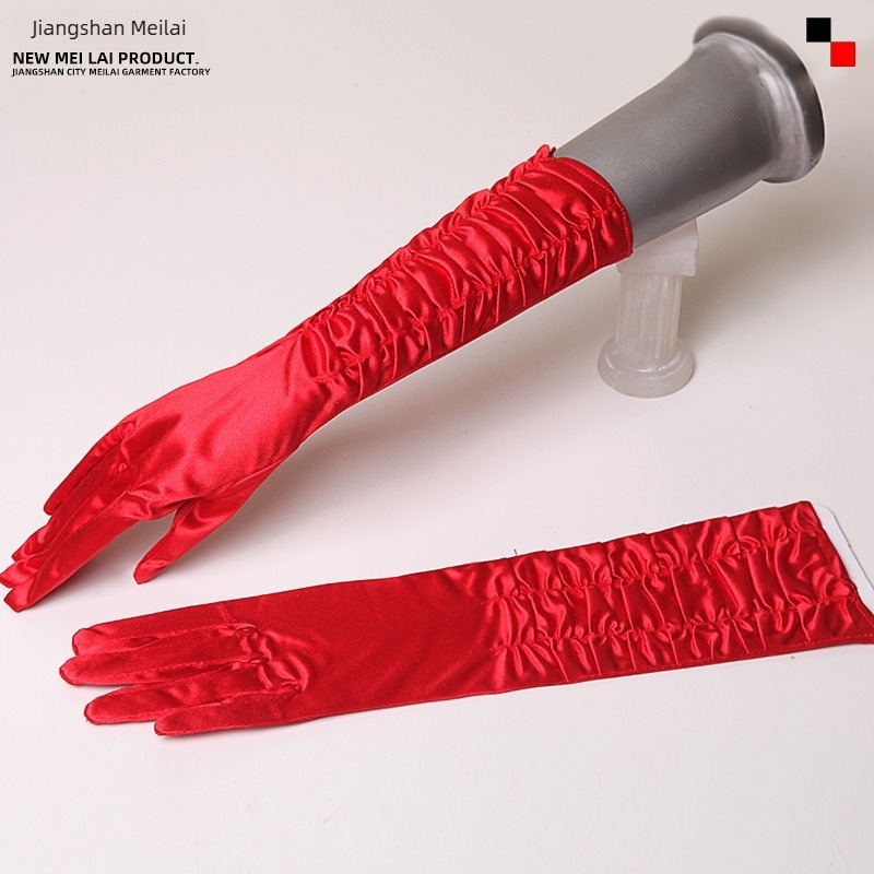 Esküvői szatén kesztyűk, középhosszú, hátul rugalmas, ujjas stílus, Jiangshan Meilai márka