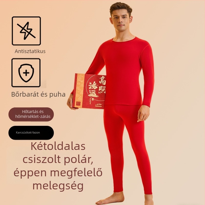 A ló éve: piros fleece-beléses termikus fehérnemű készlet férfiaknak és nőknek, vastag felső és alsó