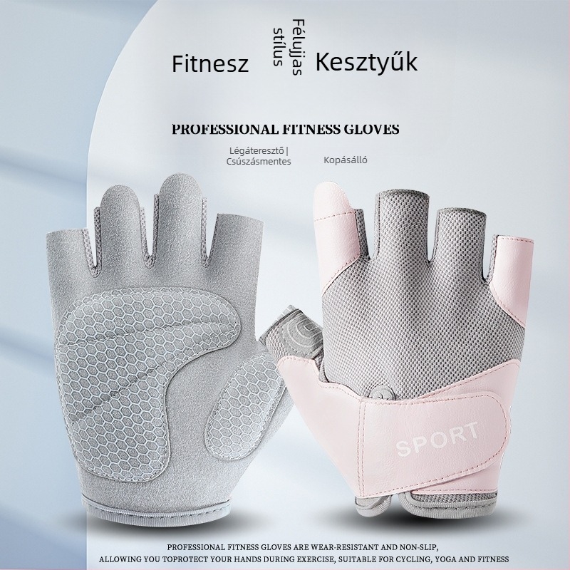 Félujjú edzőkesztyű, csúszásmentes, lélegző hálószövettel, poliészter (61-70%), kerékpárhoz, jóga és Pilateszhez