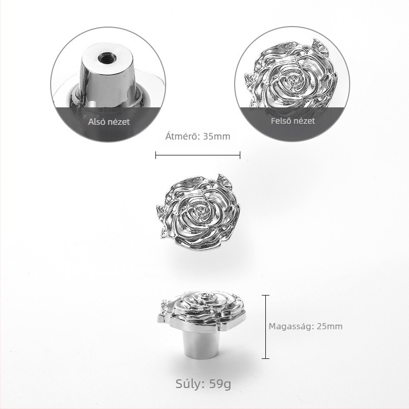 Szekrényajtó fogantyú rózsa mintával, réz, modell 301, testreszabható