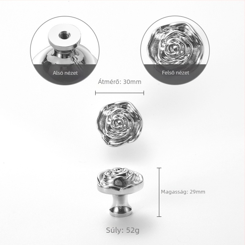 Szekrényajtó fogantyú rózsa mintával, réz, modell 301, testreszabható