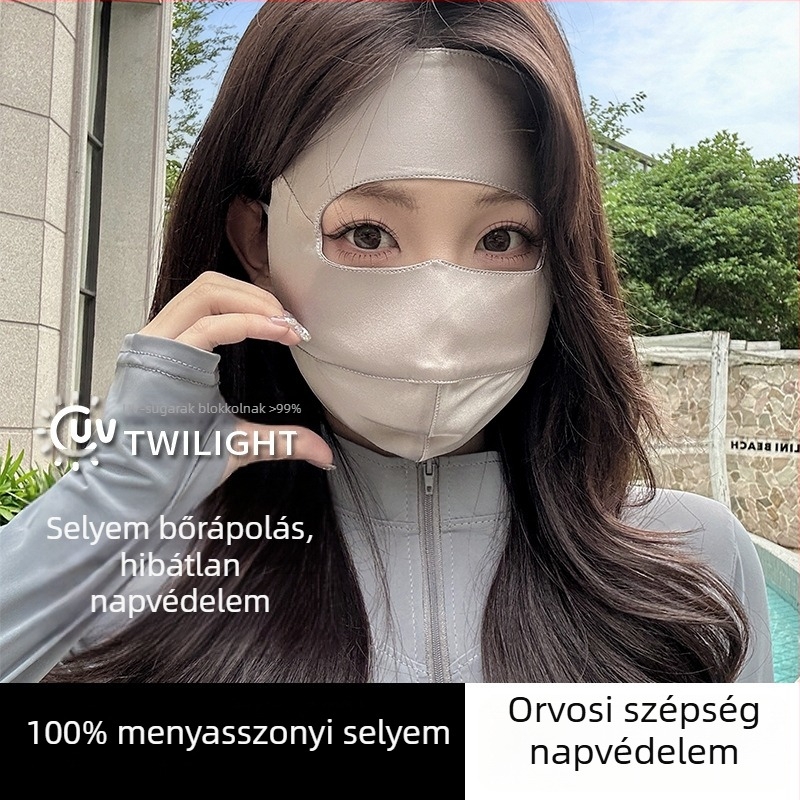 Teljes arcú UV-védelmi selyemmaszk, 100% mulberry selyem, lélegző, gyorsan száradó, női arcmaszk