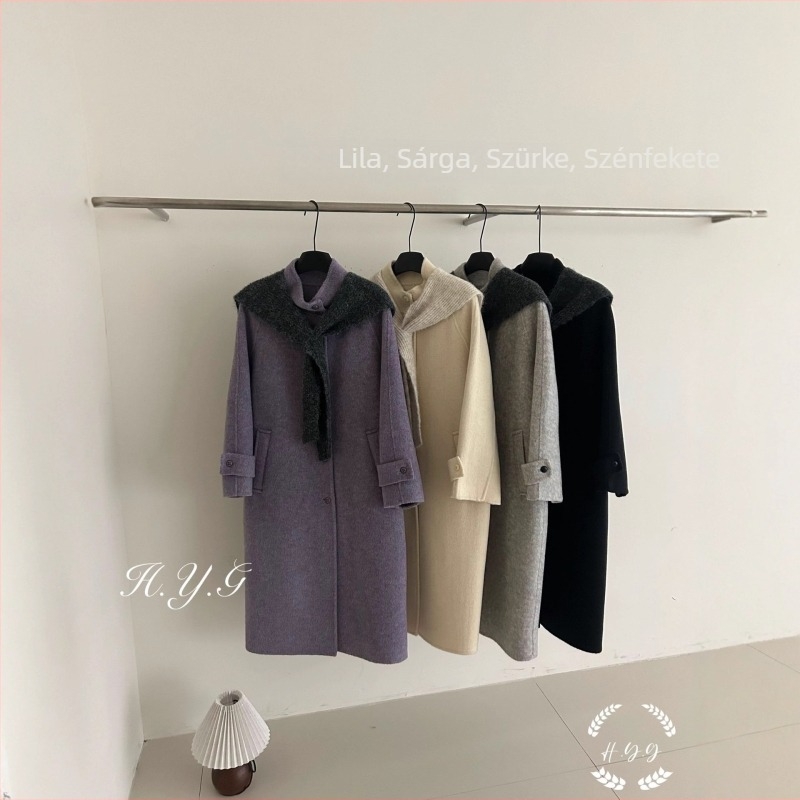 Női alpaka gyapjú kabát, álló gallérral, hosszú, kézzel varrt, 50–70% alpaka gyapjú, japán-koreai casual stílus