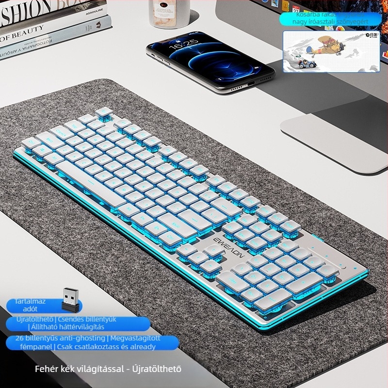 Vezeték nélküli Bluetooth billentyűzet és egér készlet — csendes, numerikus keypad, 2.4G USB vezeték nélküli kapcsolattal, fémszerkezet, több színű háttérvilágítás