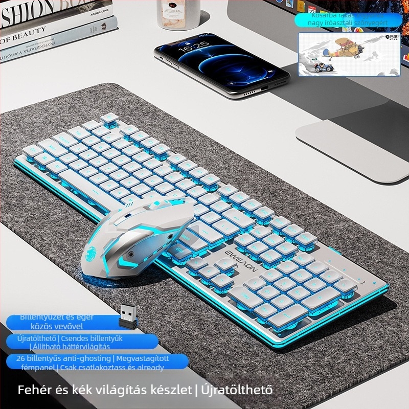 Vezeték nélküli Bluetooth billentyűzet és egér készlet — csendes, numerikus keypad, 2.4G USB vezeték nélküli kapcsolattal, fémszerkezet, több színű háttérvilágítás