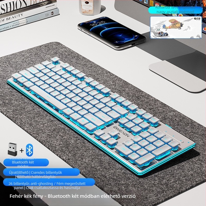 Vezeték nélküli Bluetooth billentyűzet és egér készlet — csendes, numerikus keypad, 2.4G USB vezeték nélküli kapcsolattal, fémszerkezet, több színű háttérvilágítás