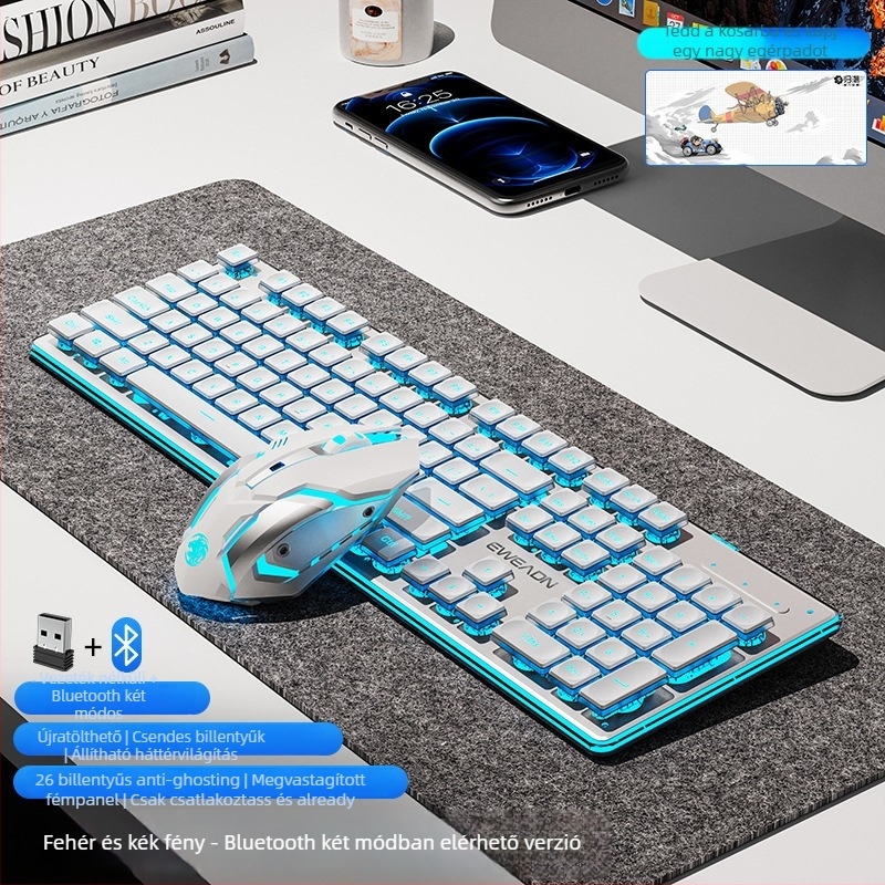Vezeték nélküli Bluetooth billentyűzet és egér készlet — csendes, numerikus keypad, 2.4G USB vezeték nélküli kapcsolattal, fémszerkezet, több színű háttérvilágítás