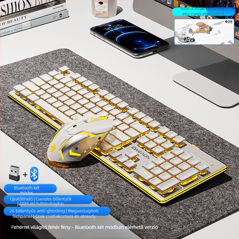 Vezeték nélküli Bluetooth billentyűzet és egér készlet — csendes, numerikus keypad, 2.4G USB vezeték nélküli kapcsolattal, fémszerkezet, több színű háttérvilágítás