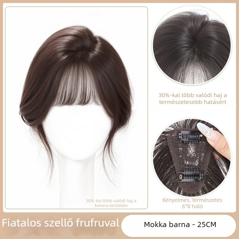 Női paróka a fejtetőn található hajjal a volument növeléséért, természetes láthatatlan bolyhos korona, teljes igazi haj, nyom nélkül frufru (egyenes vagy ferde)