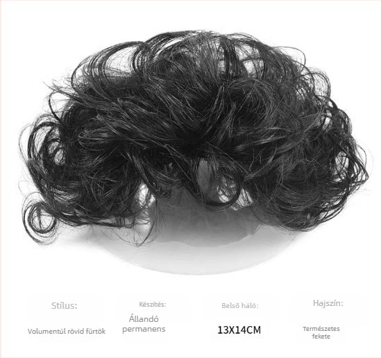 Női paróka rövid, göndör hajjal, természetes megjelenés, ferde frufru, hőálló rostok, mechanikus kivitelezés