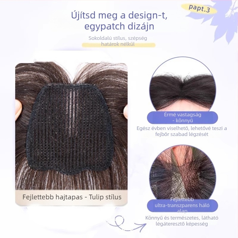 Ice Chu Valódi emberi hajból készült hajpótló patch hálós alapú, ultra vékony, lélegző felső réteg, mágikus rögzítés, nőknek, magas koronával