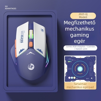 6-gombos mechanikus gaming egér, 1600 DPI optikai szenzor, kettős mód 2.4G/Bluetooth, csendes és újratölthető, ergonomikus kialakítás