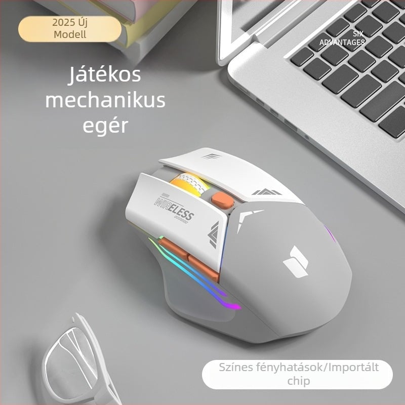 6-gombos mechanikus gaming egér, 1600 DPI optikai szenzor, kettős mód 2.4G/Bluetooth, csendes és újratölthető, ergonomikus kialakítás