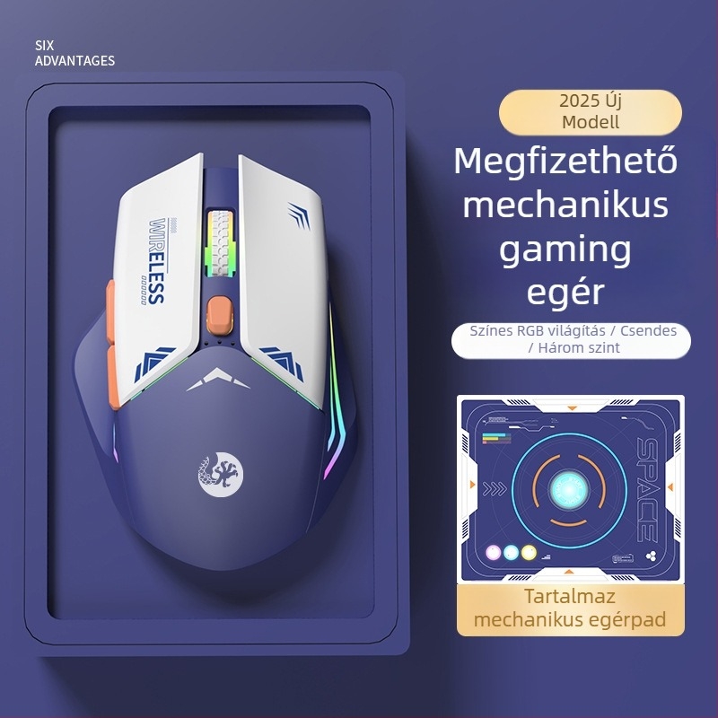 6-gombos mechanikus gaming egér, 1600 DPI optikai szenzor, kettős mód 2.4G/Bluetooth, csendes és újratölthető, ergonomikus kialakítás