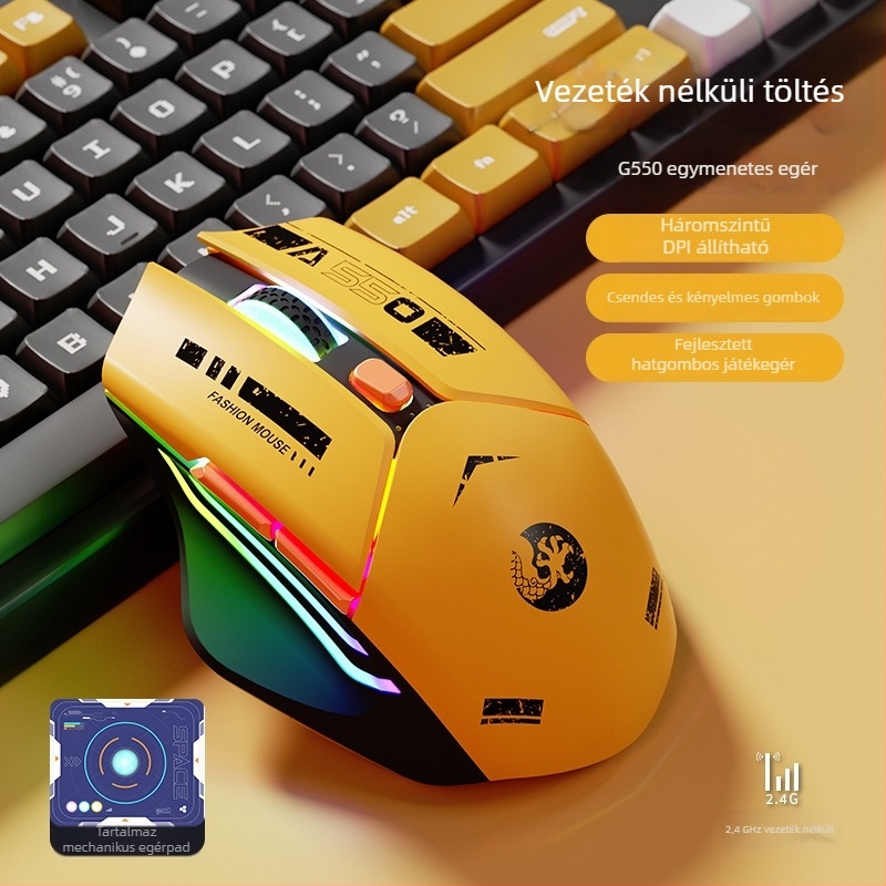6-gombos mechanikus gaming egér, 1600 DPI optikai szenzor, kettős mód 2.4G/Bluetooth, csendes és újratölthető, ergonomikus kialakítás